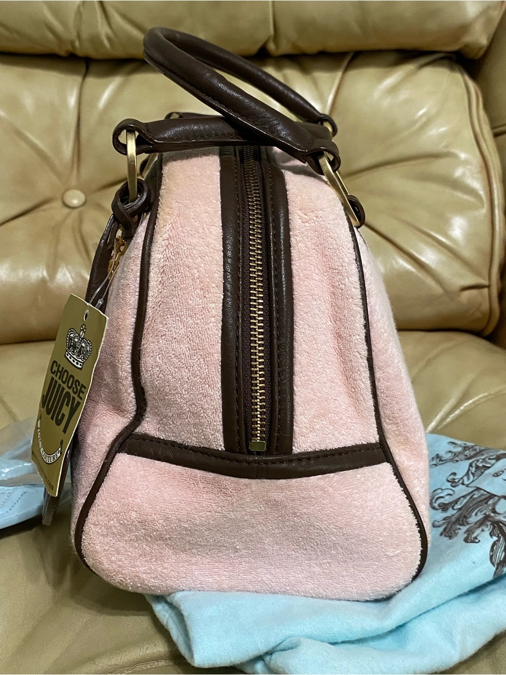 Vintage Juicy Couture Royal Bowler Bag Velour Velvet Baby Pink Crown w/Charms - Picture 5 of 16